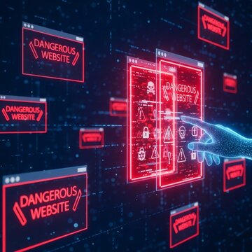 Cybersecurity threat landscape glowing red warnings in a digital network