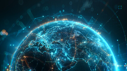 Futuristic digital Earth globe with glowing global network connection lines, big data transfer and cyber security technology over Europe map. 3D concept of worldwide connectivity and globalization © Ilia_Levchenko