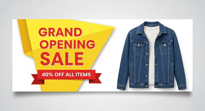 Promotional image: denim jacket next to yellow geometric shape with red "Grand Opening Sale" text, 40% off, suggesting a retail clothing promotion