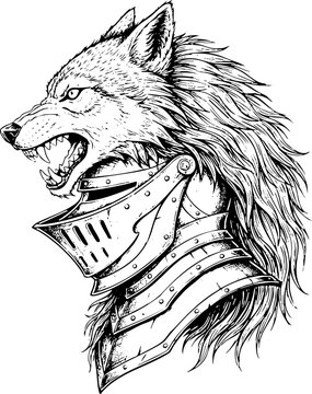 Medieval Knight Helmet with Wolf Head Pen and Ink Illustration