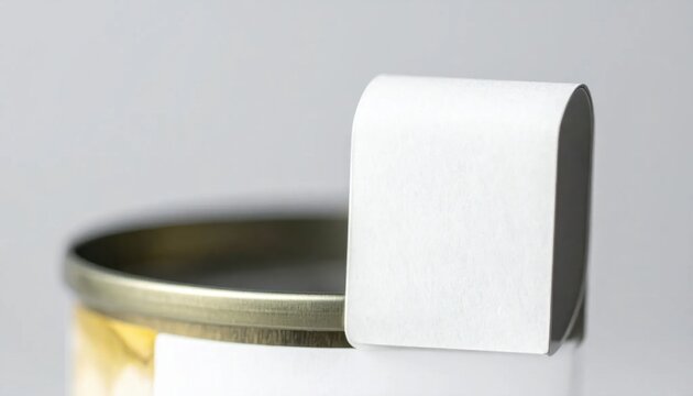 Macro closeup of empty food tin can with blank white label tab, industrial packaging material, sterile storage container, mockup template