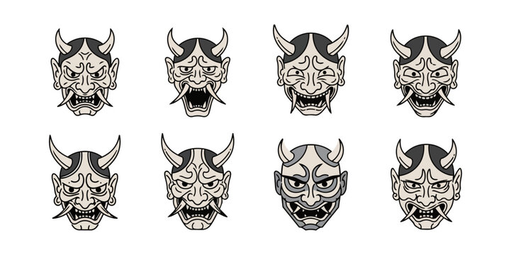 Stylized demon masks array on black background vector illustration