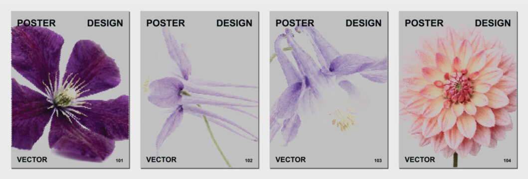 Purple clematis flower halftone dots bloom petal floral spring nature garden violet botanical