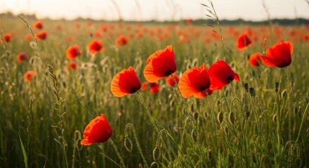 Obraz premium Vibrant Red Poppies Blooming in a Sunlit Meadow