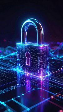 Glowing digital padlock for cybersecurity, data encryption, network protection, secure cloud storage, binary code and futuristic server infrastructure