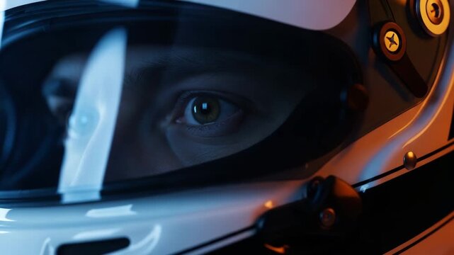 Eye of a person wearing a helmet and tactical visor.