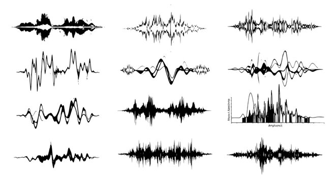 Sound waves vector set with black lines and curves on white background, audio signal and music waveforms.