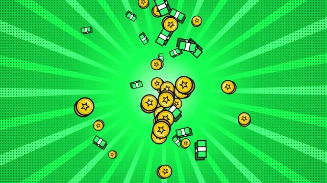 Falling gold coins and stacks of money on a green comic book style background