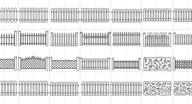 Collection of various fence designs and styles illustration.