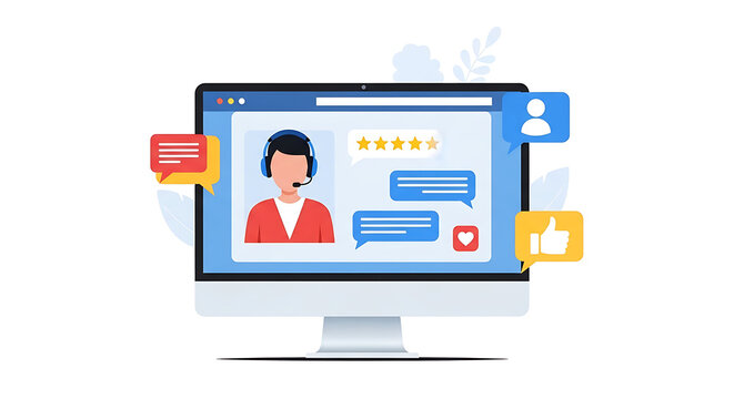 A person wearing a headset is shown on a computer screen with chat bubbles and social media icons floating around it in a digital environment.