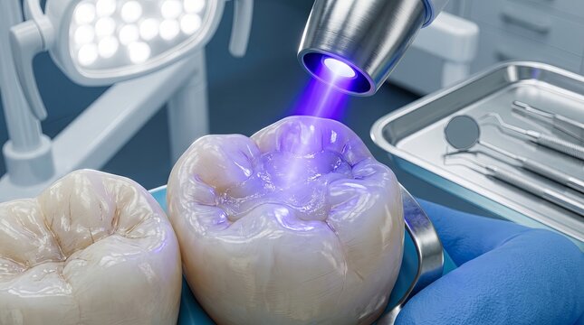 Cinematic macro of dental curing light with purple blue glow on teeth in clinic