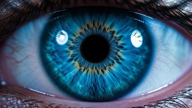 Vivid blue iris with intricate details and central pupil.