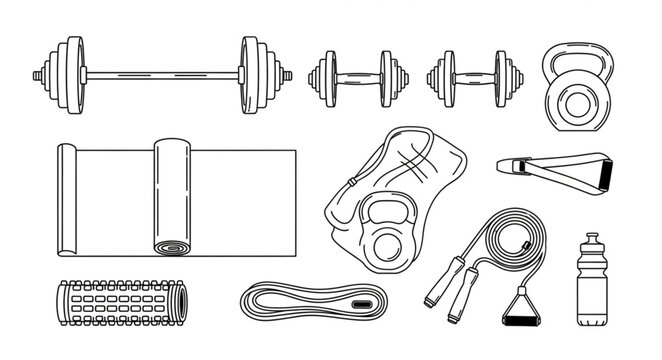 Collection of hand-drawn fitness equipment for exercise.