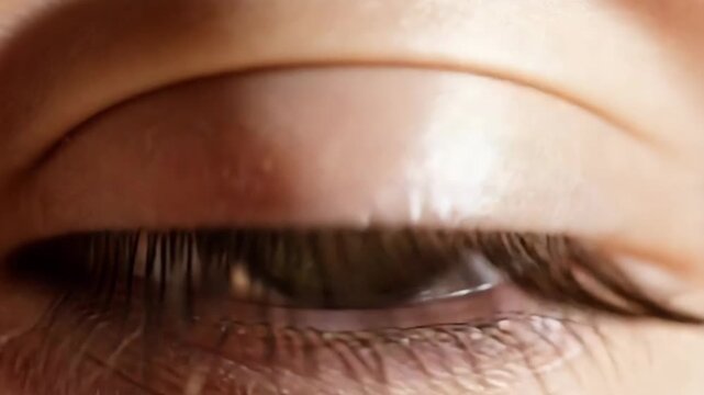 Closed human eye with long lashes in close-up shot.