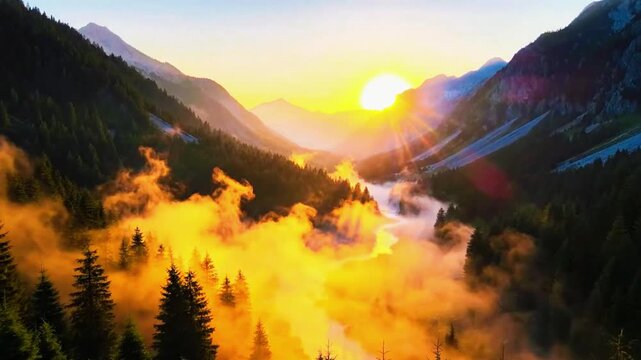 a mountain valley with glowing sunrise mist drifting gently 