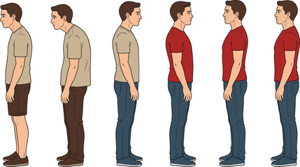 Illustration sequence showing progression from slouched posture to upright confident stance with clothing changes highlighting body alignment improvement © rehna
