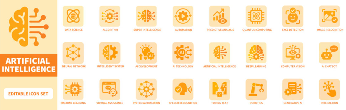 Set of Flat artificial intelligence and machine learning vector icons featuring neural networks, robotics, and generative AI technology symbols