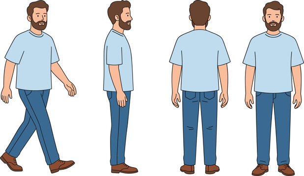 Male character illustration sheet showing walking, standing, front, side, and back views with outfit details for animation and design reference