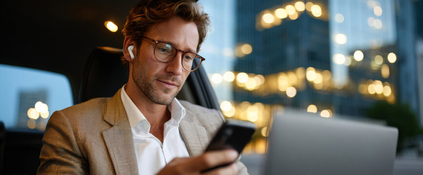 Businessman wearing glasses and earbuds using smartphone inside car with city lights blurred in background at dusk