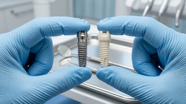 Macro comparison of gloved hands holding titanium and ceramic dental implants concept