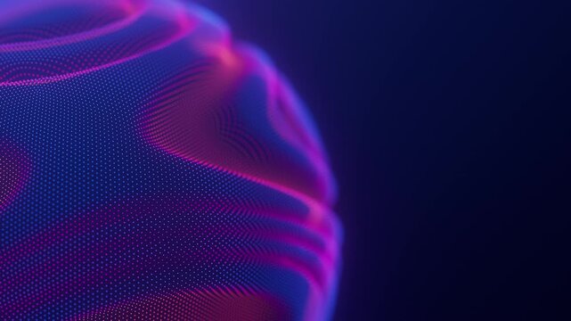 Closeup on distortion waves on abstract sphere of particles loop. Digital data splash of spherical point array. Round waveform dot UI element. Futuristic blue mesh glitch orb
