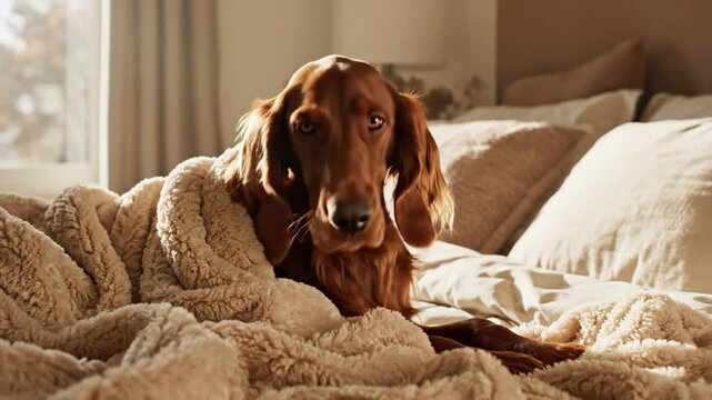 Cozy Irish Setter dog relaxes in comfortable bed with fluffy blanket, enjoying a calm, peaceful morning