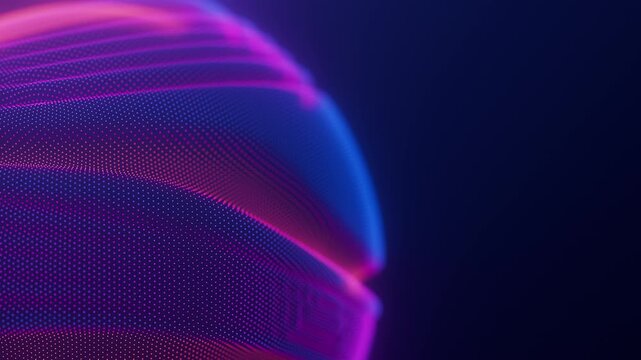 Closeup on distortion waves on abstract sphere of particles loop. Digital data splash of spherical point array. Round waveform dot UI element. Futuristic blue mesh glitch orb