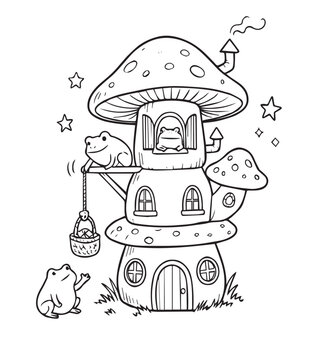 Hand drawn vector illustration of frog mushroom house