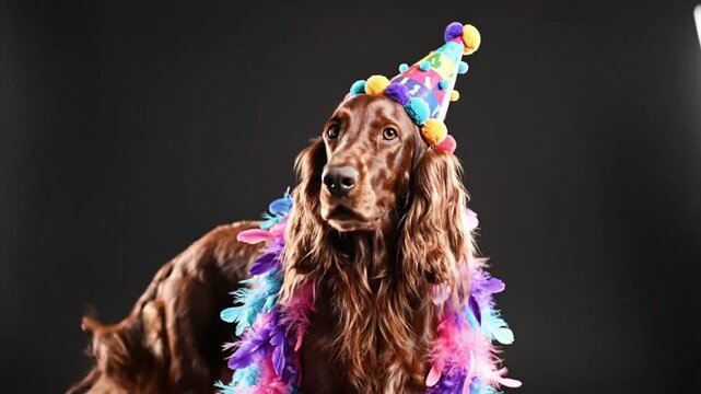 Cute Irish Setter Dog Wearing a Party Hat and Colorful Boa Posing for a Celebration on Black Background