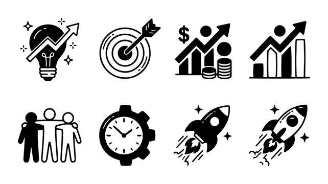 Business Growth Icons: Success, Strategy, Teamwork, Time, Launch, Finance Icons