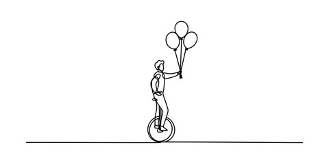 Man riding unicycle holding balloons, one line drawing art Vector, illustration © Badhon_Art Gallery