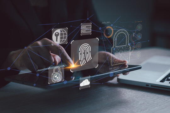 Biometric security on smartphone with fingerprint scan, password login and lock icons showing secure mobile authentication and data privacy.