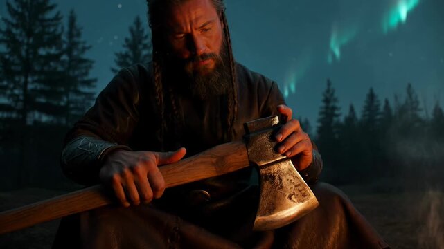 Viking warrior preparing for raid at night, oiling axe by campfire under northern lights, focusing on detailed weapon care and calm readiness