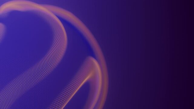 Closeup on distortion waves on abstract sphere of particles loop. Digital data splash of spherical point array. Round waveform dot UI element. Futuristic blue mesh glitch orb