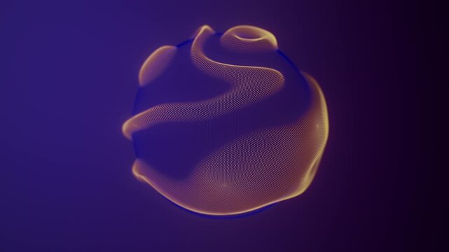 Distortion waves on abstract sphere of particles loop. Digital data splash of spherical point array. Round waveform dot UI element. Futuristic blue mesh glitch orb