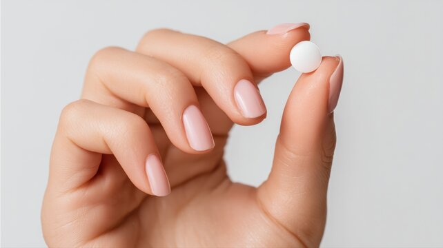 女性の手が白い丸い錠剤を持っている様子。医療や健康関連のシーンで使えるイメージ素材