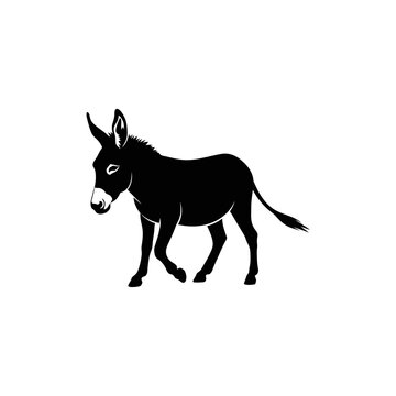 Silhouette of a donkey walking, a black and white image, side view, isolated.