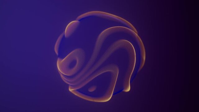 Distortion waves on abstract sphere of particles loop. Digital data splash of spherical point array. Round waveform dot UI element. Futuristic blue mesh glitch orb