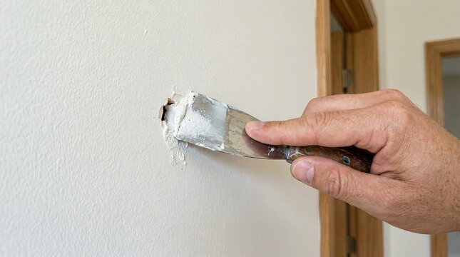 Hands applying wall filler with putty knife in precise repair macro close-up