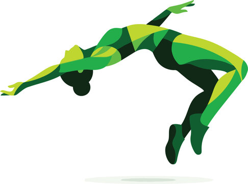 A green geometric silhouette of an athlete performing a high jump or gymnastics pose.