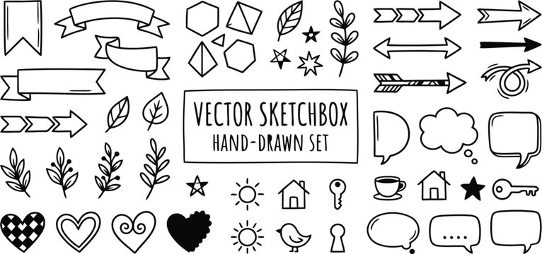 Hand drawn sketch elements for creative projects featuring arrows banners speech bubbles and hearts