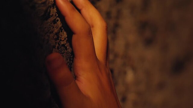 A close-up shot of a hand gently touching and feeling the texture of a rough, earthy wall in a dark, dimly lit cave or tunnel. The scene evokes a sense of exploration, fear, or being lost.