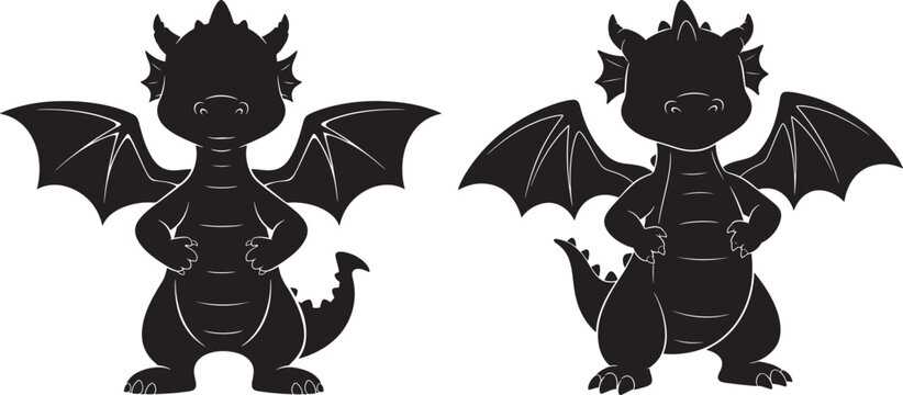 Two cartoon dragons silhouetted in black against a white background with mythical creature scary creature good vs evil creature folklore imaginary powerful illustration silhouette isolated