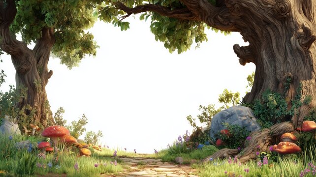 大きな木と色とりどりのキノコが生えた草原の風景。ファンタジーや自然をテーマにした背景素材や挿絵に最適なシーン