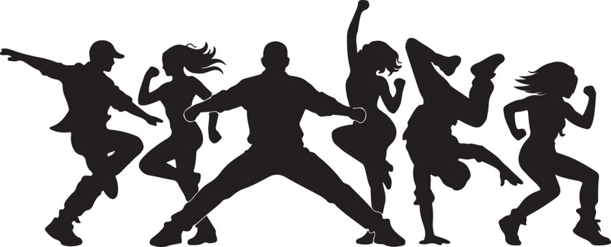 Dynamic graphic showing a diverse group of dancers performing energetic choreography silhouettes vector