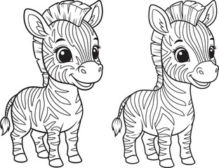 Obraz premium Two cute cartoon zebras with striped coats and short manes line art baby animal white background wildlife grassland illustration adorable childlike friendly cheerful whimsical isolated