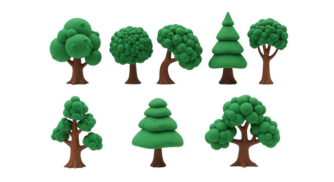 rendered stylized clay trees of various types arranged on a white backdrop educational or decorative content
