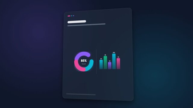 Animated business dashboard, colorful 3D graphs and charts on screen, dynamic data visualization, symbolizing growth and statistics, seamless loop