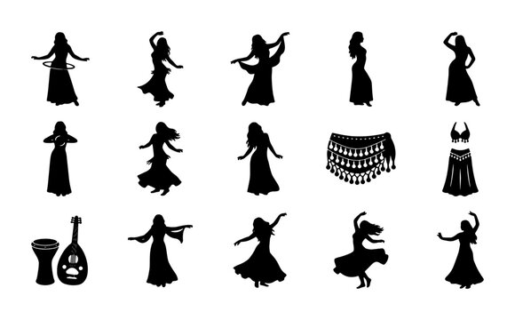 Belly dance silhouette collection, middle eastern dancer icons with musical instruments, set of 15 vector elements for oriental culture and performance