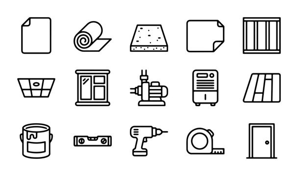 Construction materials and home renovation icons set, 15 building tools and hardware vector elements, professional repair and DIY equipment collection